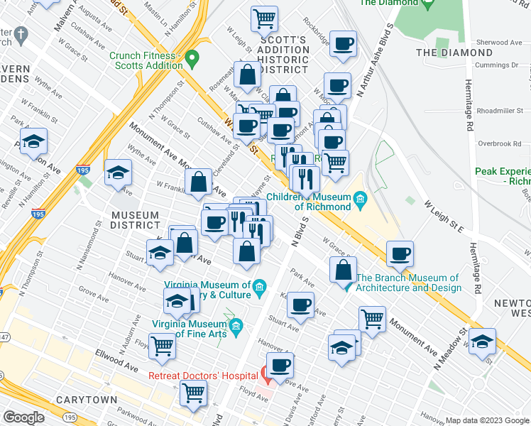 map of restaurants, bars, coffee shops, grocery stores, and more near 800 North Sheppard Street in Richmond