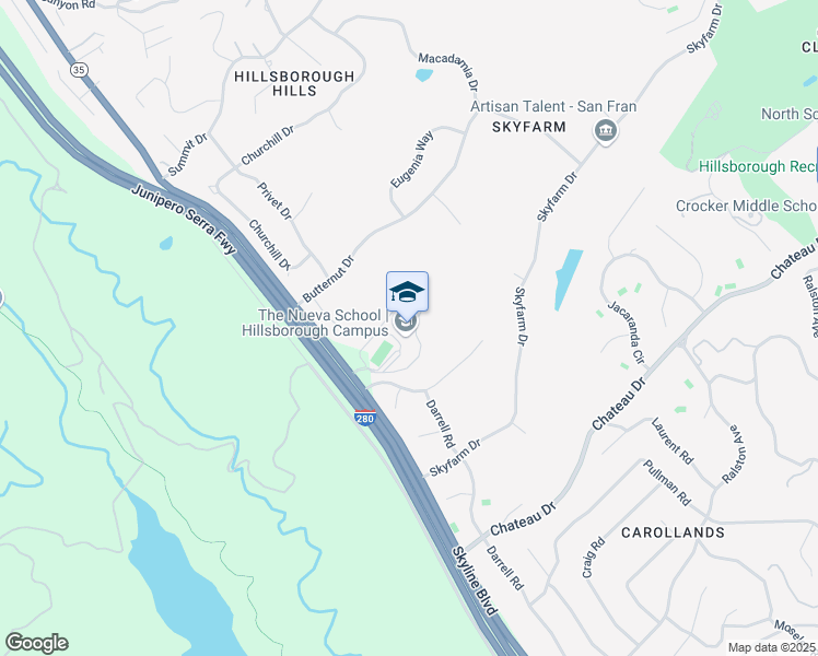 map of restaurants, bars, coffee shops, grocery stores, and more near 6565 Skyline Boulevard in Hillsborough