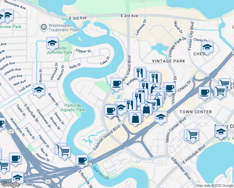 map of restaurants, bars, coffee shops, grocery stores, and more near 777 Mariners Island Boulevard in San Mateo