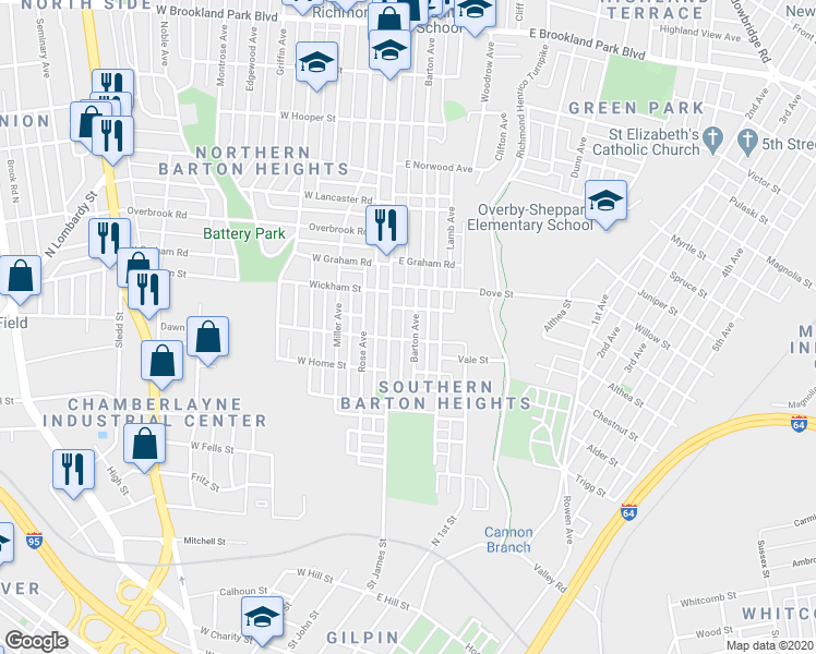 map of restaurants, bars, coffee shops, grocery stores, and more near 2106 Barton Avenue in Richmond