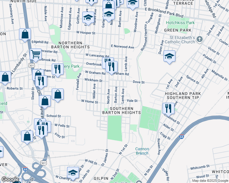 map of restaurants, bars, coffee shops, grocery stores, and more near 2106 Barton Avenue in Richmond