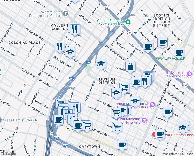 map of restaurants, bars, coffee shops, grocery stores, and more near 3422 Kensington Avenue in Richmond