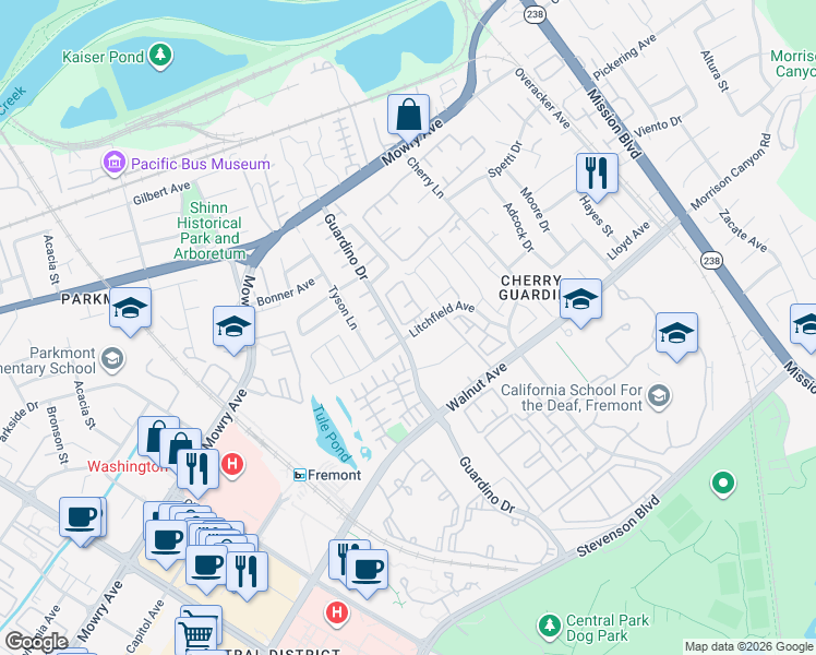 map of restaurants, bars, coffee shops, grocery stores, and more near 1150 Litchfield Avenue in Fremont