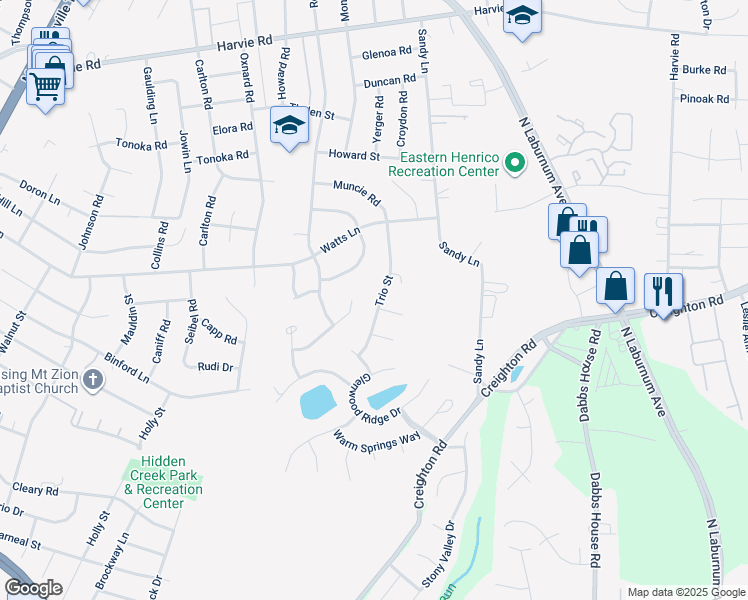 map of restaurants, bars, coffee shops, grocery stores, and more near 2936 Trio Street in Richmond
