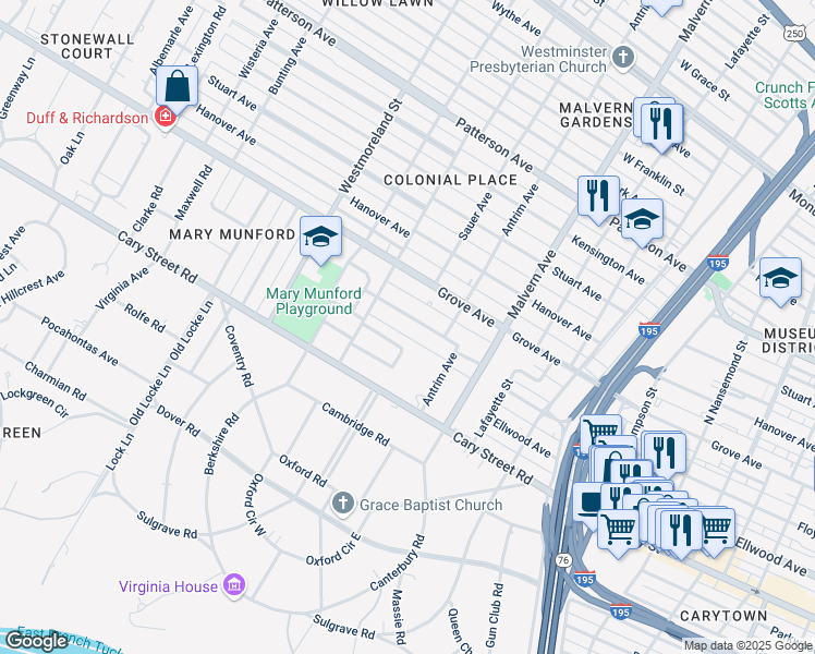 map of restaurants, bars, coffee shops, grocery stores, and more near 4300 North Ashlawn Drive in Richmond