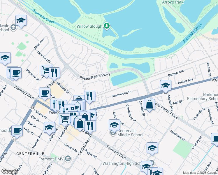 map of restaurants, bars, coffee shops, grocery stores, and more near 3339 Greenwood Drive in Fremont