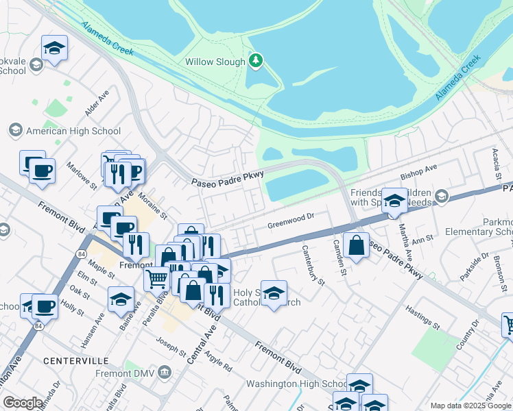 map of restaurants, bars, coffee shops, grocery stores, and more near 3339 Greenwood Drive in Fremont