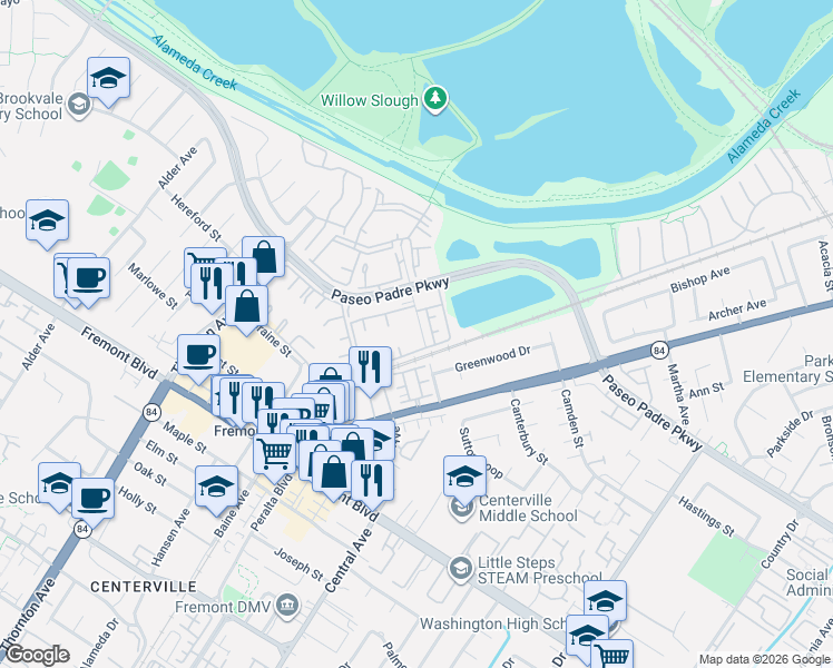 map of restaurants, bars, coffee shops, grocery stores, and more near 37391 Sequoia Road in Fremont