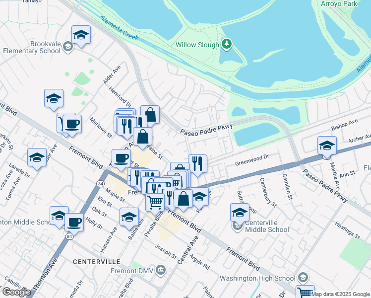 map of restaurants, bars, coffee shops, grocery stores, and more near 3518 Buttonwood Terrace in Fremont