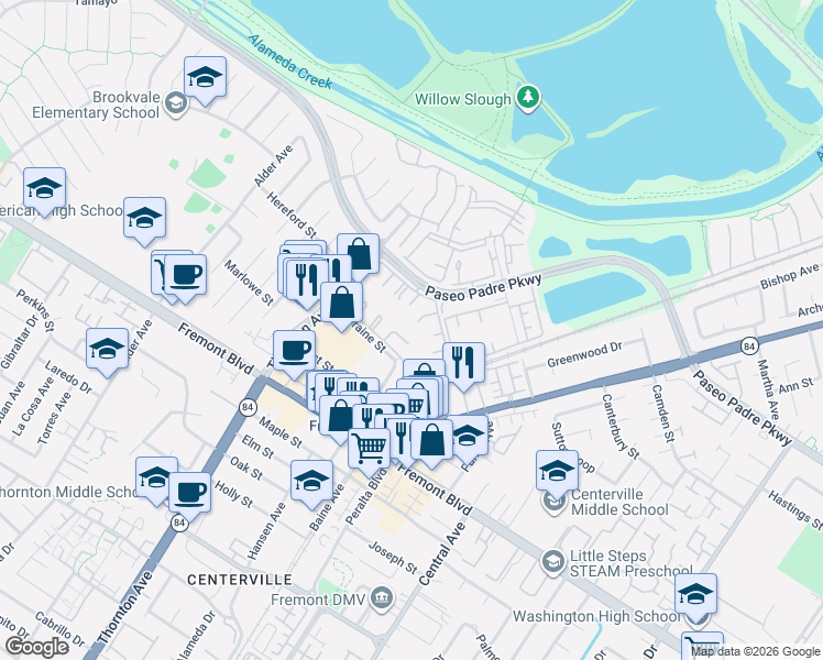 map of restaurants, bars, coffee shops, grocery stores, and more near 3518 Buttonwood Terrace in Fremont