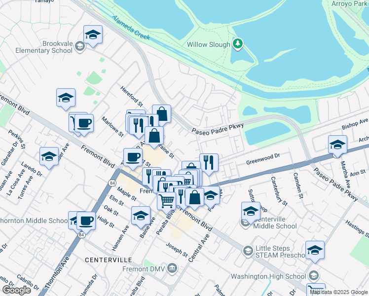 map of restaurants, bars, coffee shops, grocery stores, and more near 3518 Buttonwood Terrace in Fremont