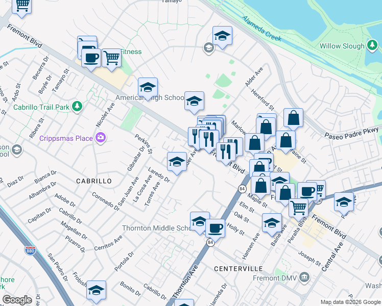 map of restaurants, bars, coffee shops, grocery stores, and more near 36558 Oak Street in Fremont