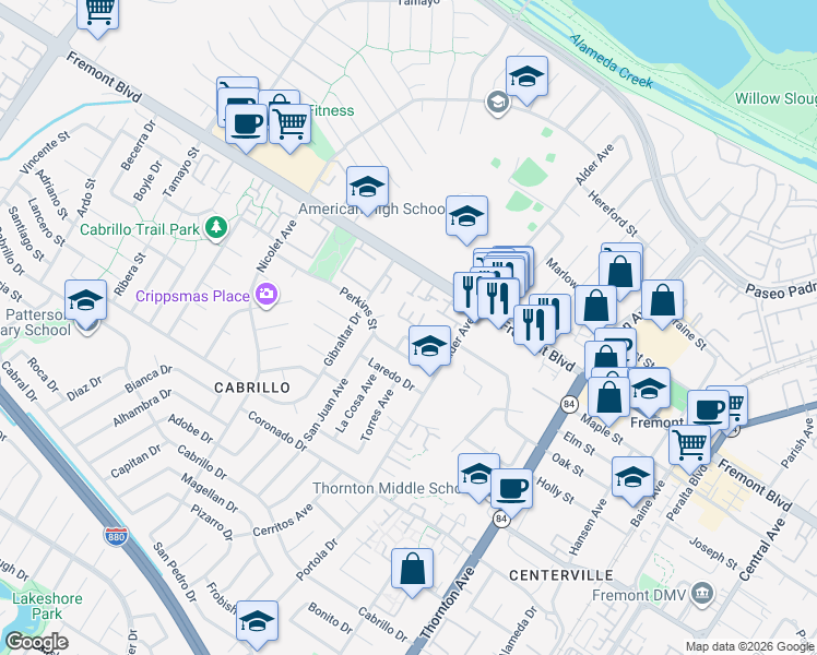 map of restaurants, bars, coffee shops, grocery stores, and more near 4111 Wakefield Loop in Fremont