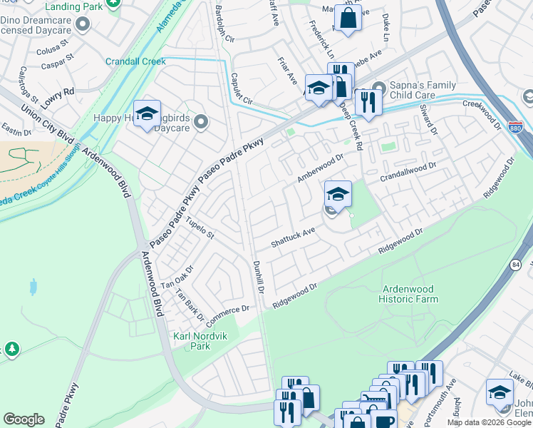 map of restaurants, bars, coffee shops, grocery stores, and more near 5439 Sunstar Common in Fremont