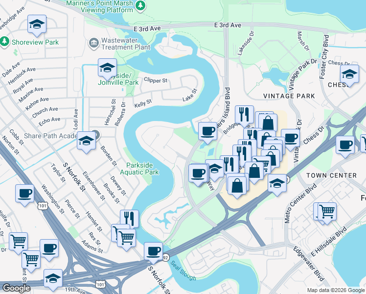 map of restaurants, bars, coffee shops, grocery stores, and more near 912 Shoal Drive in San Mateo