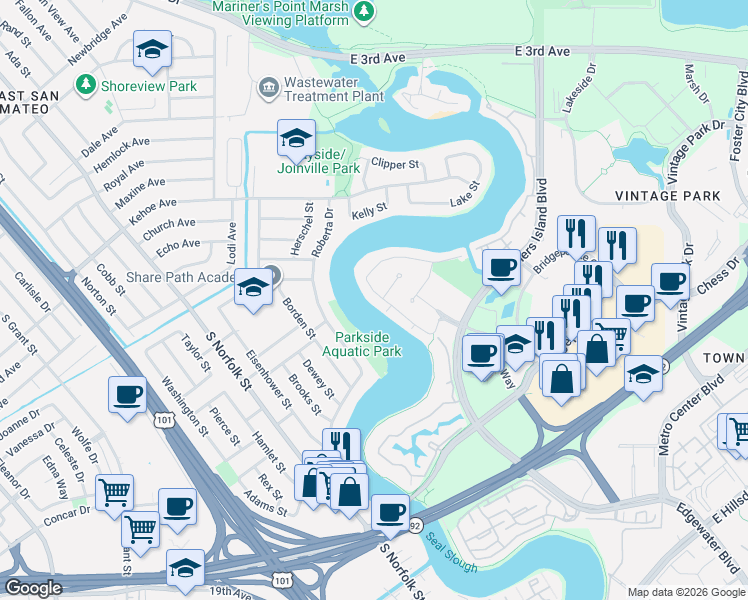 map of restaurants, bars, coffee shops, grocery stores, and more near 1111 Shoal Drive in San Mateo