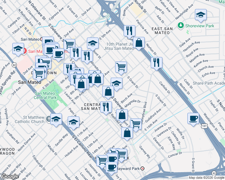 map of restaurants, bars, coffee shops, grocery stores, and more near 1031 South Delaware Street in San Mateo