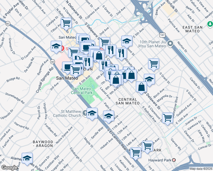 map of restaurants, bars, coffee shops, grocery stores, and more near 225 9th Avenue in San Mateo