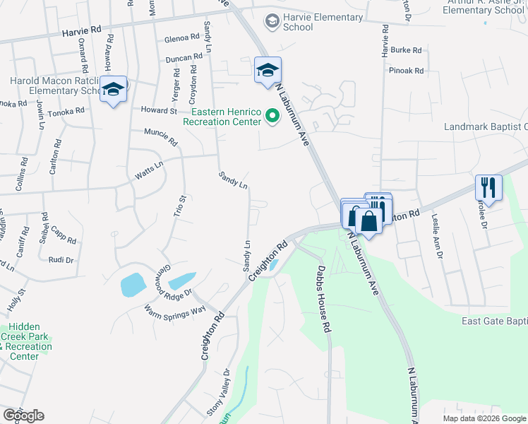 map of restaurants, bars, coffee shops, grocery stores, and more near 2803 Sandy Lane in Richmond