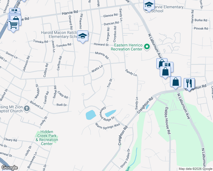 map of restaurants, bars, coffee shops, grocery stores, and more near 2924 Trio Street in Richmond