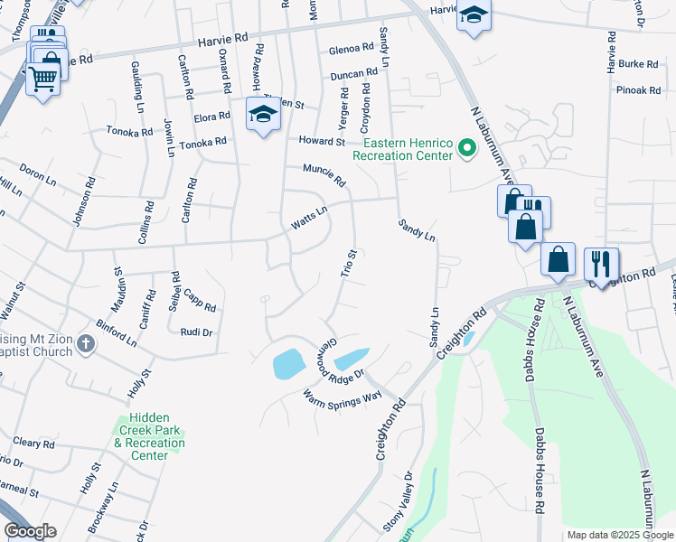 map of restaurants, bars, coffee shops, grocery stores, and more near 2936 Trio Street in Richmond