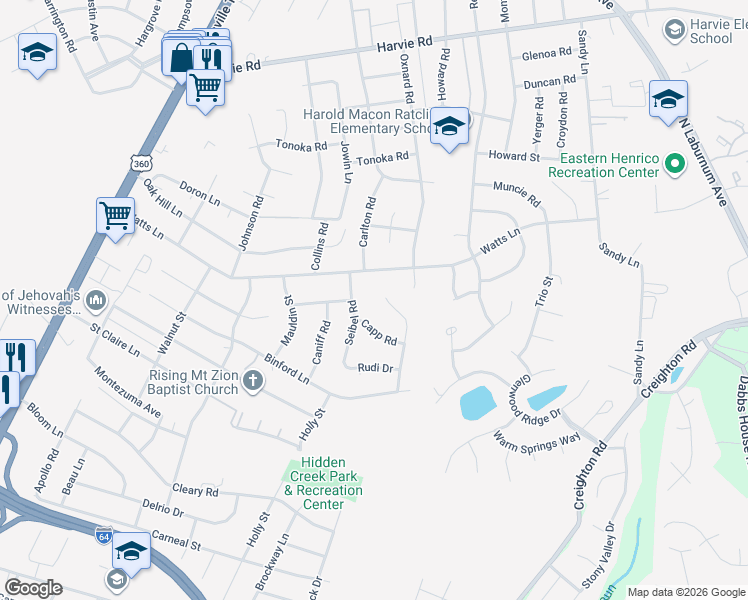 map of restaurants, bars, coffee shops, grocery stores, and more near 2906 Magnus Lane in Richmond