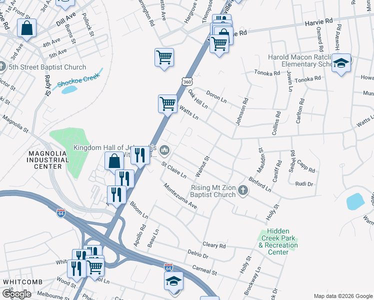 map of restaurants, bars, coffee shops, grocery stores, and more near 1800 Elkridge Lane in Richmond