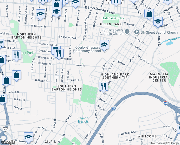 map of restaurants, bars, coffee shops, grocery stores, and more near 1109 Althea Street in Richmond