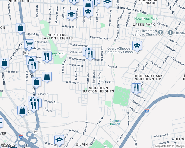 map of restaurants, bars, coffee shops, grocery stores, and more near 2021 North Avenue in Richmond