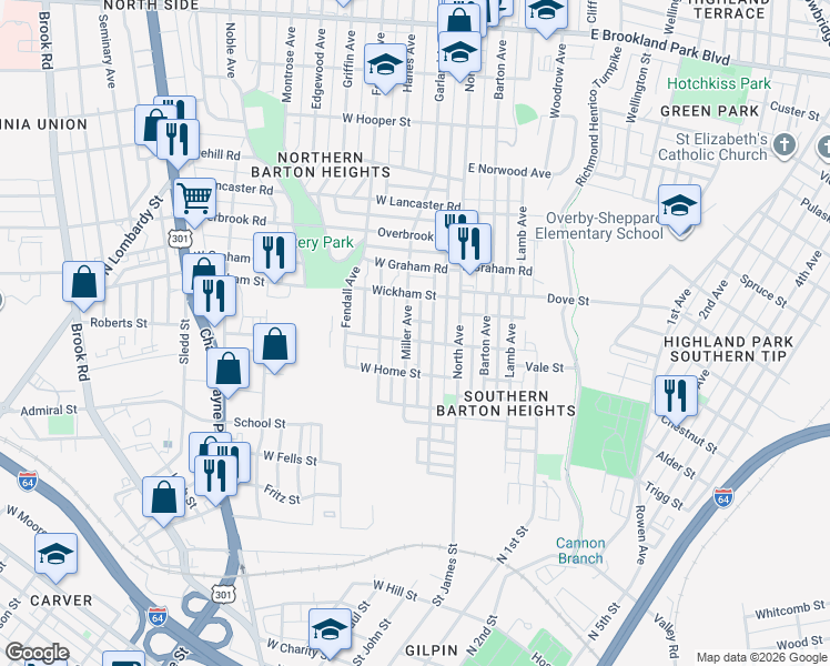 map of restaurants, bars, coffee shops, grocery stores, and more near 2010 Rose Avenue in Richmond