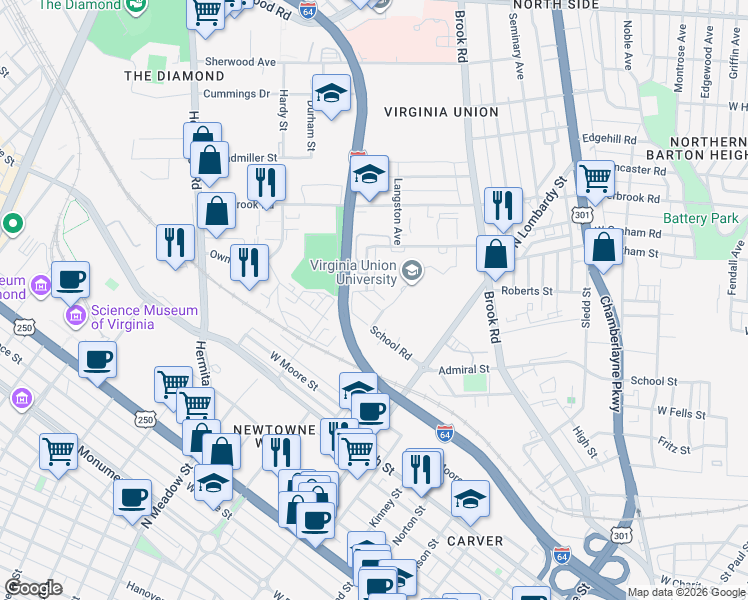 map of restaurants, bars, coffee shops, grocery stores, and more near Bath Street in Richmond