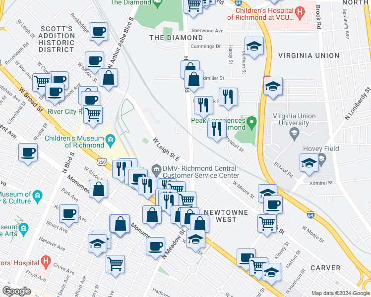 map of restaurants, bars, coffee shops, grocery stores, and more near in Richmond