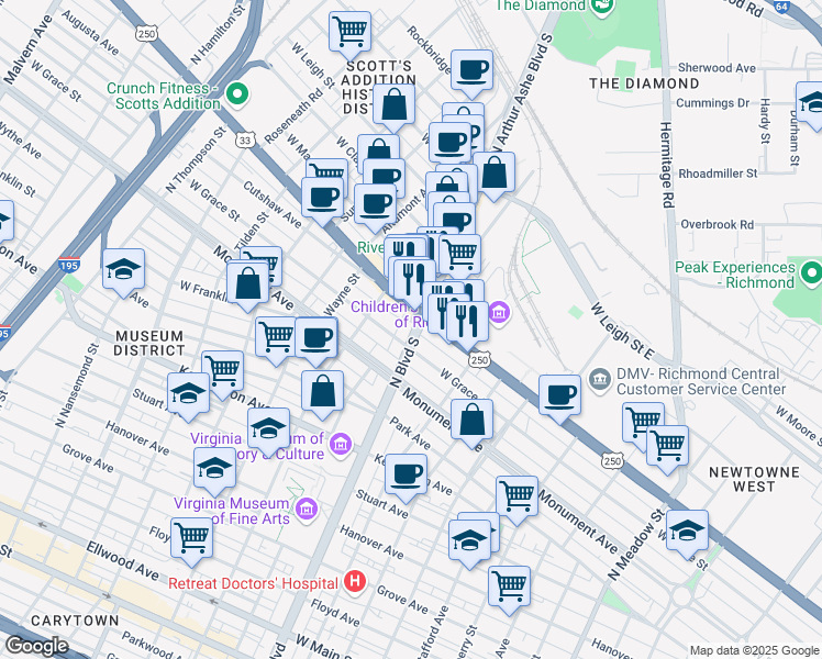 map of restaurants, bars, coffee shops, grocery stores, and more near 803 North Arthur Ashe Boulevard in Richmond