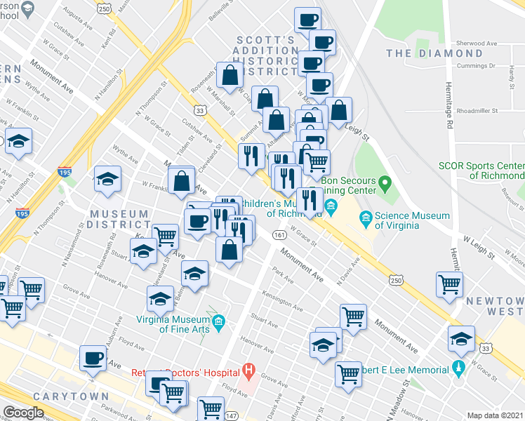 map of restaurants, bars, coffee shops, grocery stores, and more near 2816 Monument Avenue in Richmond