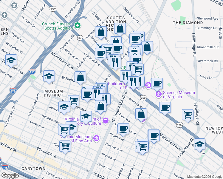 map of restaurants, bars, coffee shops, grocery stores, and more near 2816 Monument Avenue in Richmond