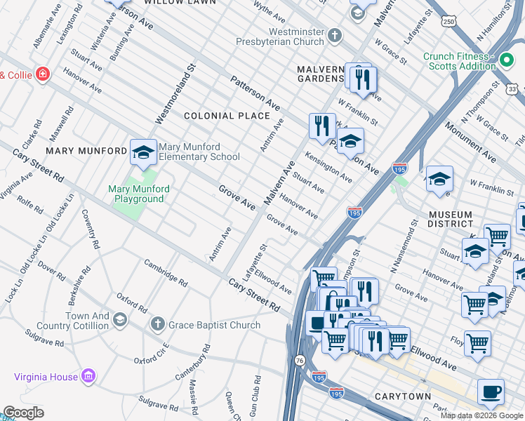 map of restaurants, bars, coffee shops, grocery stores, and more near 57 Virginia 197 in Richmond