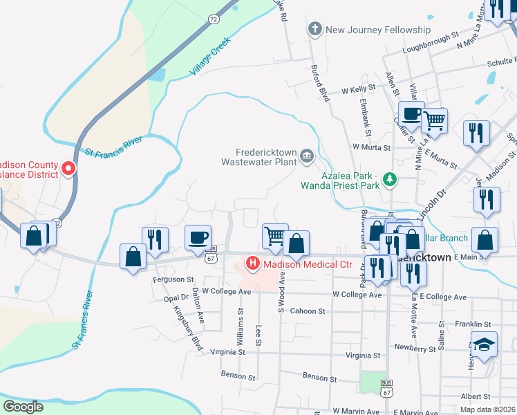 map of restaurants, bars, coffee shops, grocery stores, and more near 116 Meadowbrook Circle in Fredericktown