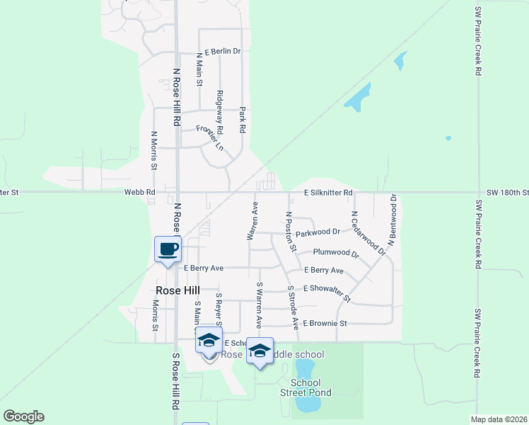 map of restaurants, bars, coffee shops, grocery stores, and more near 408 Parkwood Drive in Rose Hill