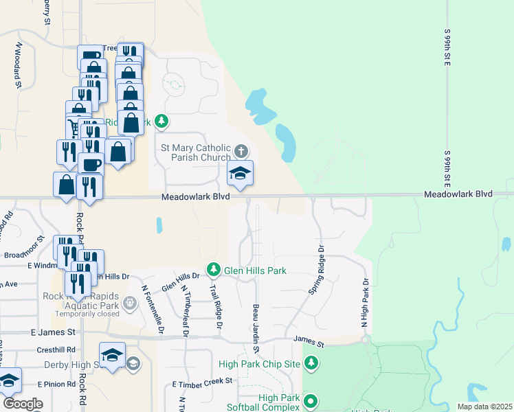 map of restaurants, bars, coffee shops, grocery stores, and more near 2501 Keys Drive in Derby