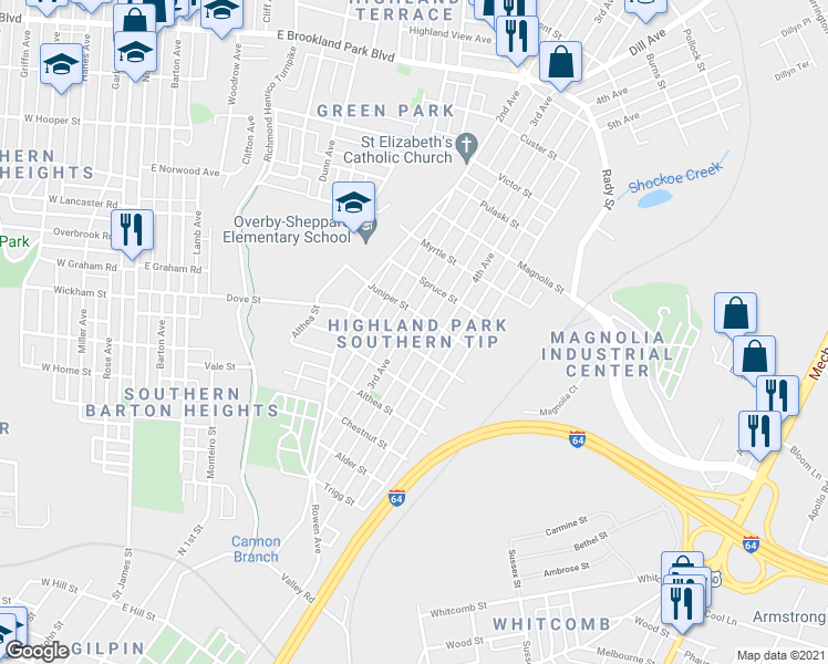 map of restaurants, bars, coffee shops, grocery stores, and more near 2207 3rd Avenue in Richmond