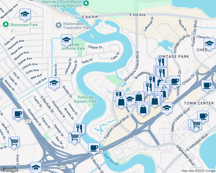 map of restaurants, bars, coffee shops, grocery stores, and more near 2243 Armada Way in San Mateo