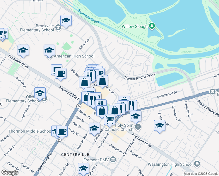 map of restaurants, bars, coffee shops, grocery stores, and more near 3517 Birchwood Terrace in Fremont