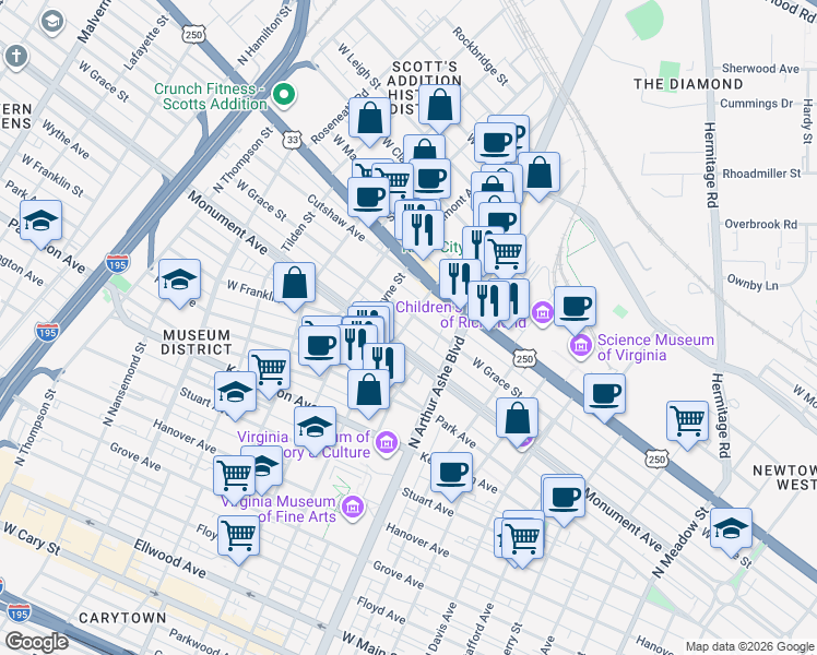 map of restaurants, bars, coffee shops, grocery stores, and more near 2816 Monument Avenue in Richmond