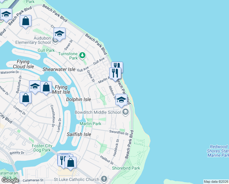 map of restaurants, bars, coffee shops, grocery stores, and more near 1260 Ribbon Street in Foster City