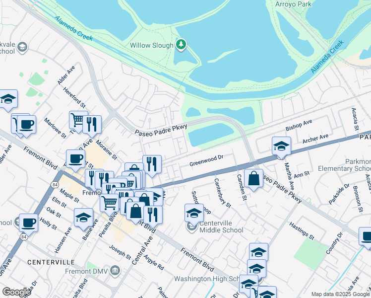 map of restaurants, bars, coffee shops, grocery stores, and more near 37409 Ortega Common in Fremont