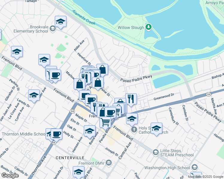 map of restaurants, bars, coffee shops, grocery stores, and more near 3530 Oakwood Terrace in Fremont