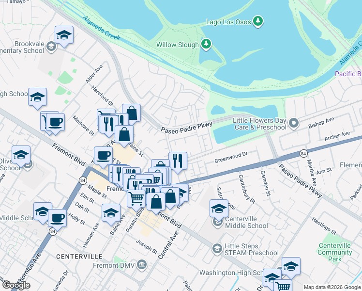 map of restaurants, bars, coffee shops, grocery stores, and more near 37344 Spruce Terrace in Fremont