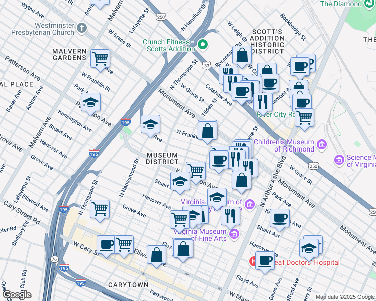 map of restaurants, bars, coffee shops, grocery stores, and more near Tilden Street in Richmond