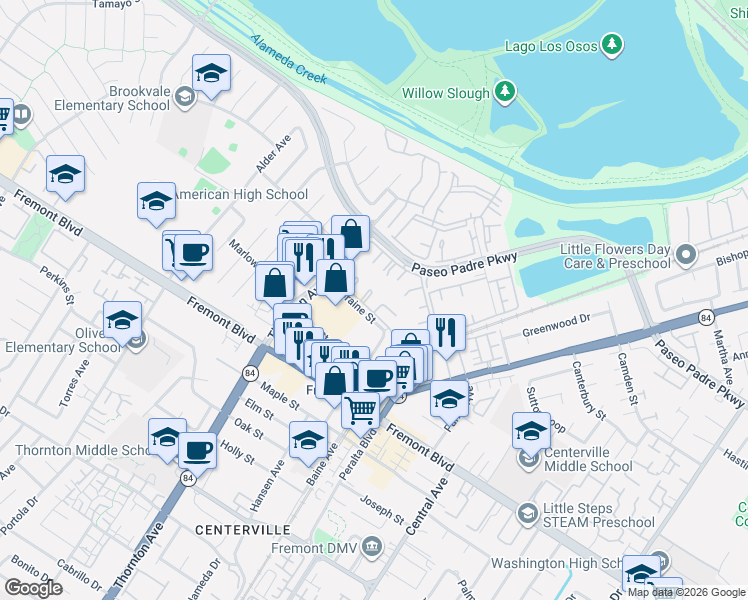 map of restaurants, bars, coffee shops, grocery stores, and more near 3501 Birchwood Terrace in Fremont