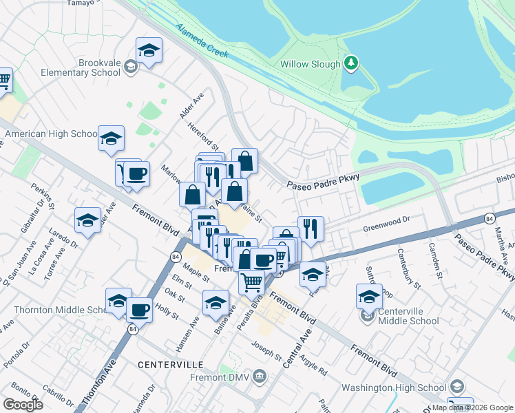 map of restaurants, bars, coffee shops, grocery stores, and more near 3501 Birchwood Terrace in Fremont